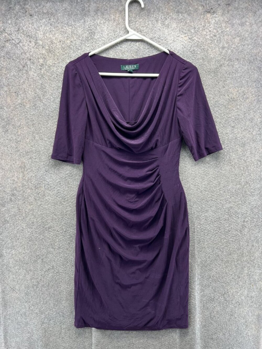 Lauren Ralph Lauren Dress Womens 4 Purple Jersey Ruched Cowl Neck Sheath